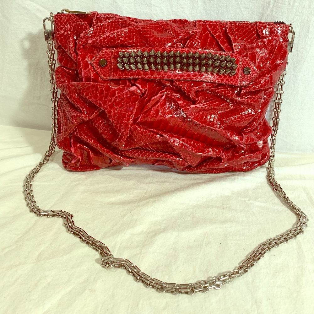 ELISABETH WEINSTOCK Red Snakeskin Studded Clutch